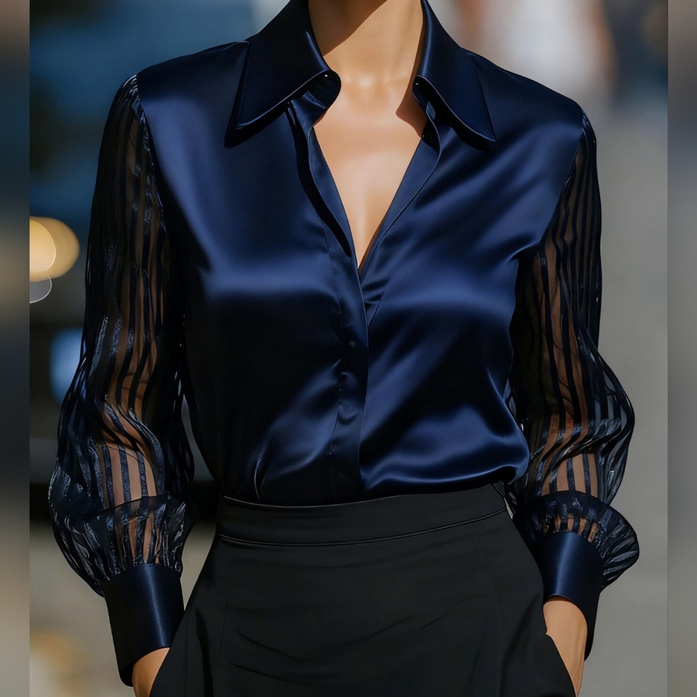 Navy Blue Button-Front Blouse with Sheer Striped Sleeves